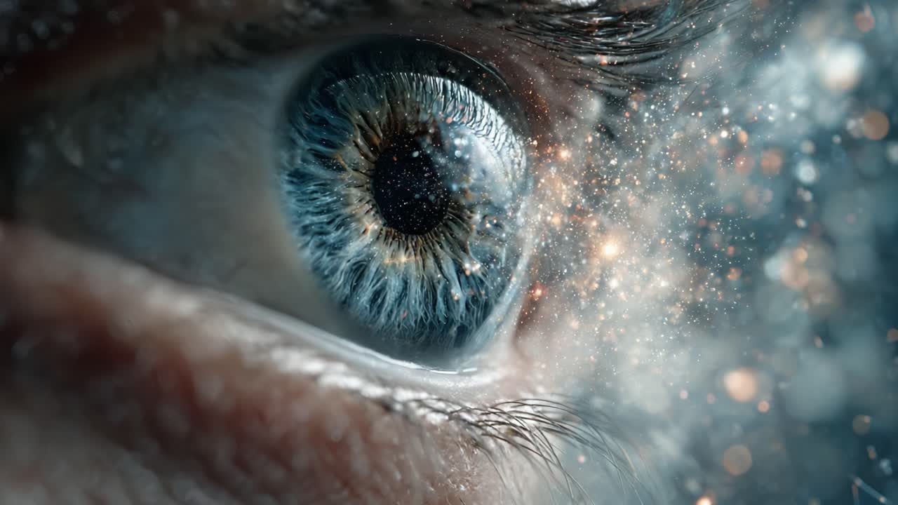Un accattivante primo piano di un occhio che si fonde con elementi cosmici, che mostra le meraviglie della percezione umana e la bellezza dell'universo