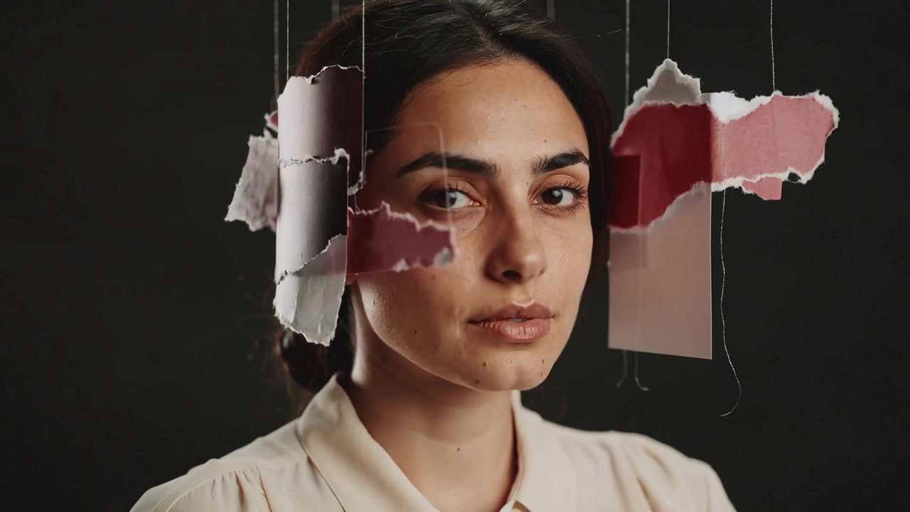 Turning beige-clad woman rotating head to front at studio showing eyes past torn paper seeking gaze