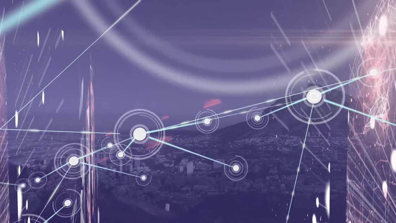 animación de la red de conexiones con iconos sobre el paisaje urbano