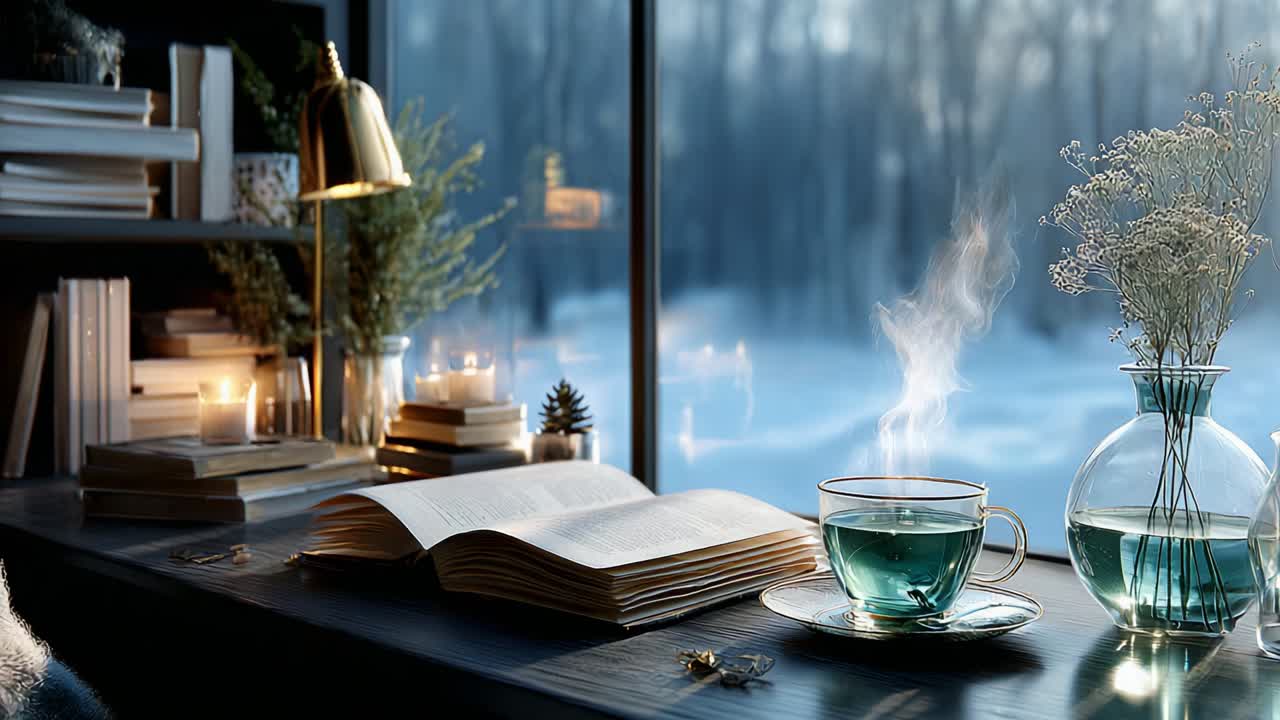 A Cozy Winter Retreat: Warm Tea, Open Books, and Soft Candlelight by the Window Embracing the Calm of Nature in a Snowy Landscape with Elegant Decorative Elements