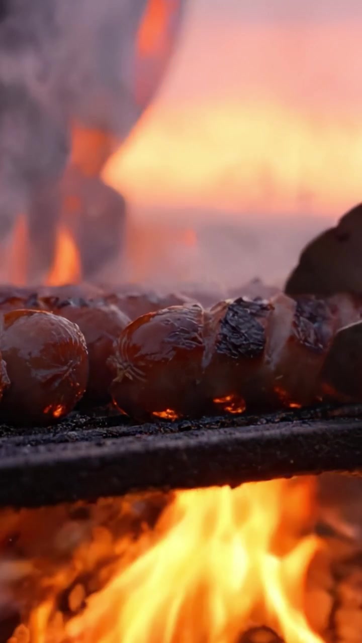 Salsicce Sfrigolanti su una Griglia Ardente al Tramonto: Una Delizia Culinaria Catturata in Due Scatti con Fumo, Fiamme e l'Irresistibile Bontà del Barbecue