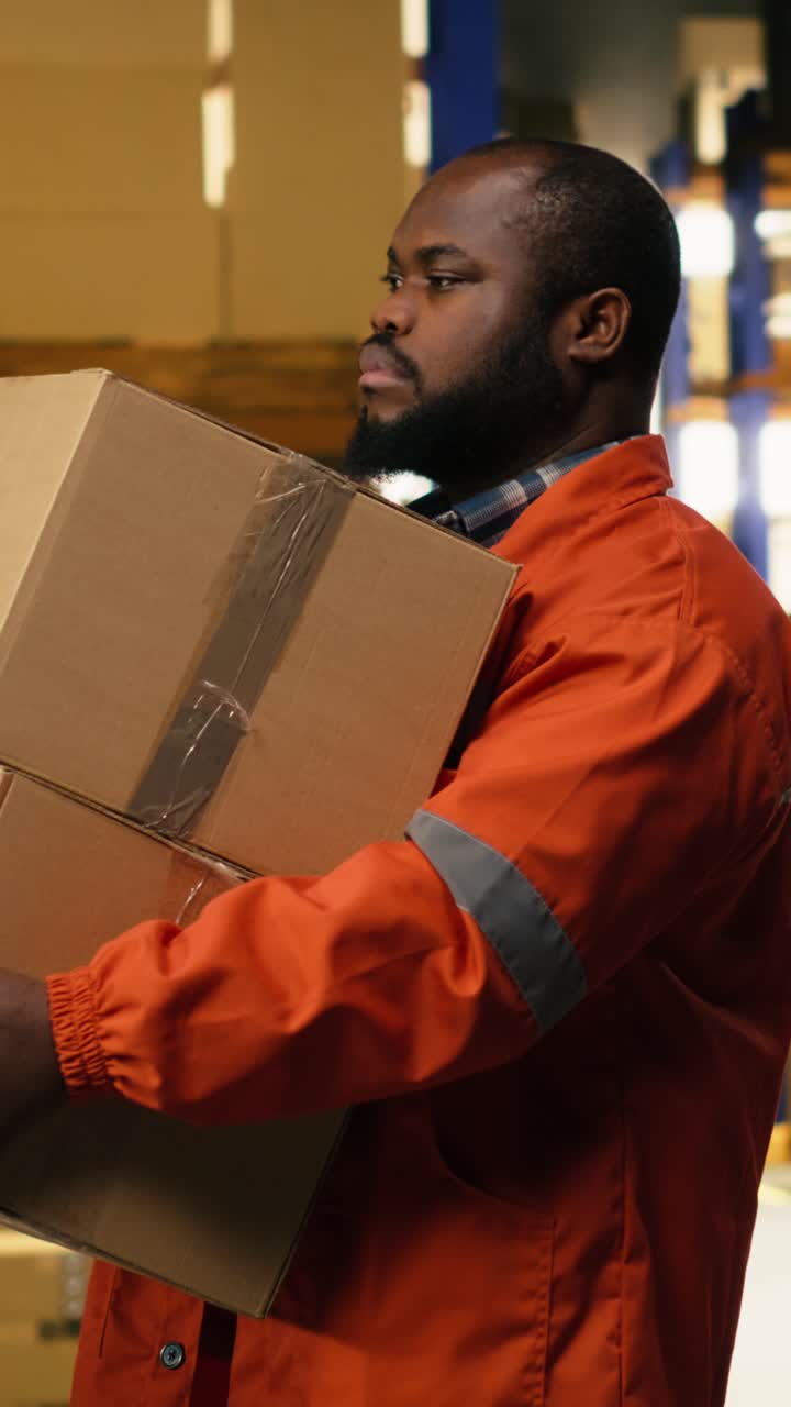 Vertical Video Black Industrial Employee Carrying Packages And Handling E-Commerce Orders