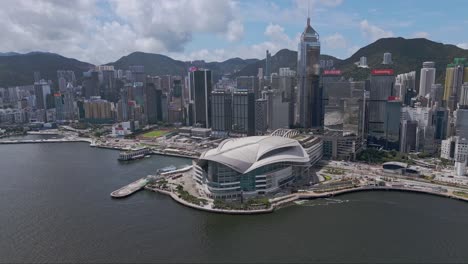 aerial of the hong kong convention and exhibition centre and city skyline, wan chai, hong kong, china