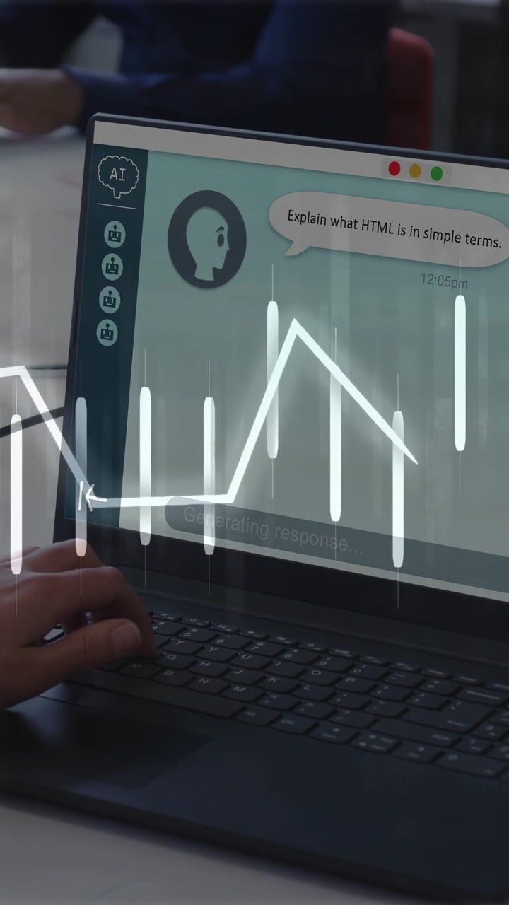 Vertical video: Tech pro typing on laptop, asking about HTML causing waveform animation on chat UI