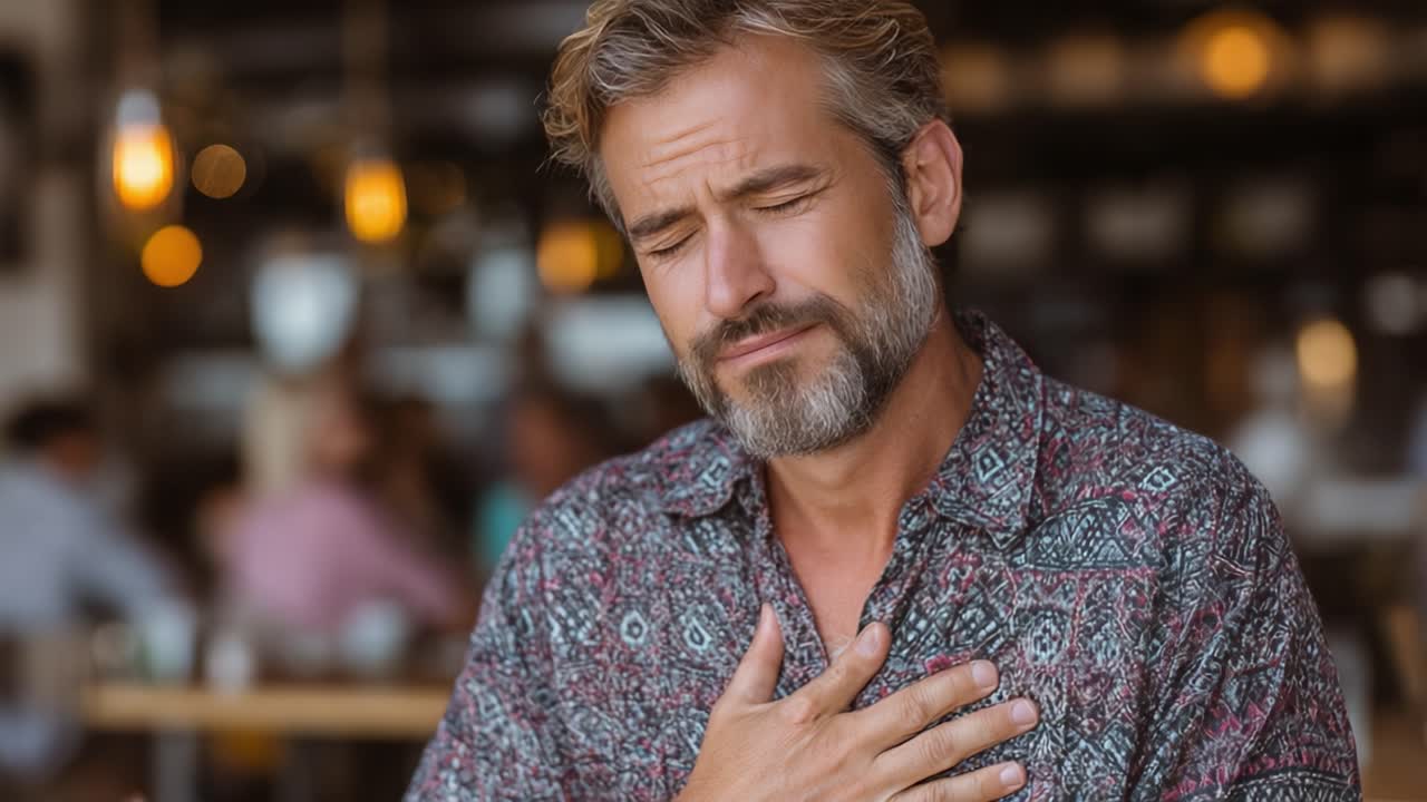 Un uomo esprime profonda emozione e riflessione in un accogliente caffè, catturando l'essenza della vulnerabilità e della connessione personale attraverso il suo gesto.