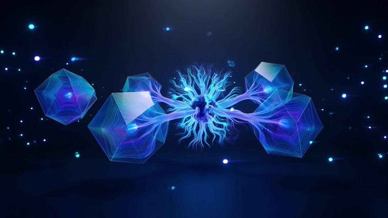 Abstract 3D Geometric Shapes Connected by Glowing Neural Network