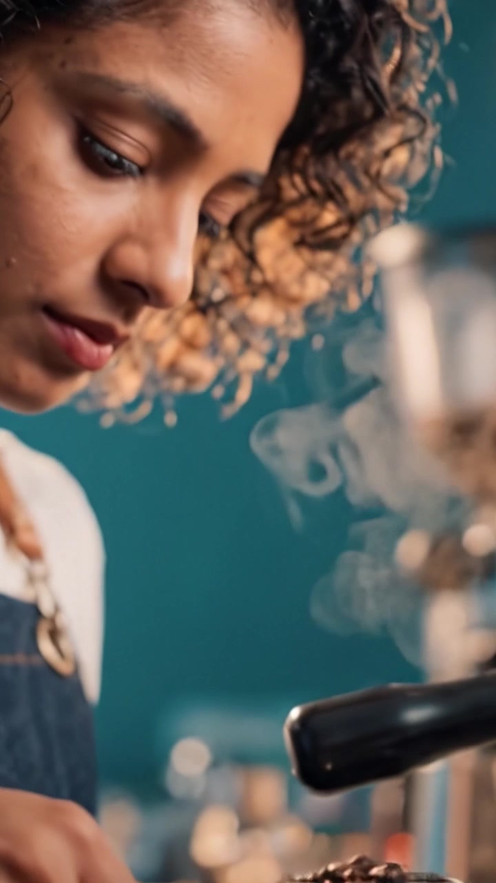 Preparare l'espresso perfetto: la precisione di un barista nella preparazione del caffè usando un portafiltro per un'esperienza di gusto ricca e saporita.