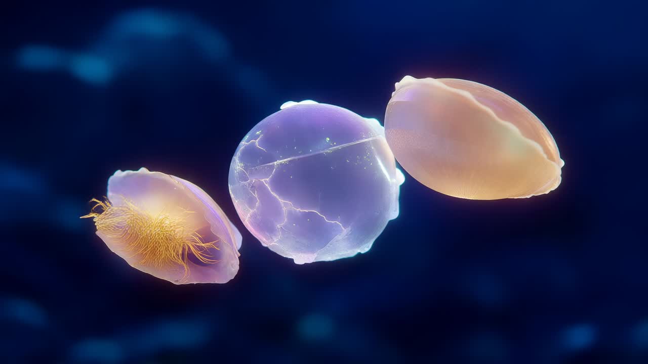 Sfera centrale pulsante che illumina tentacoli dorati a sinistra e un ovale ambrato a destra in acque profonde