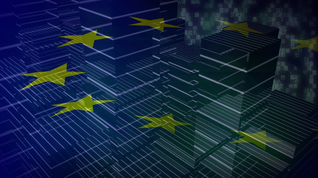 고층 건물 의 회전 모델 위 에 있는 유럽 연합 의  ⁇ 발 의 애니메이션