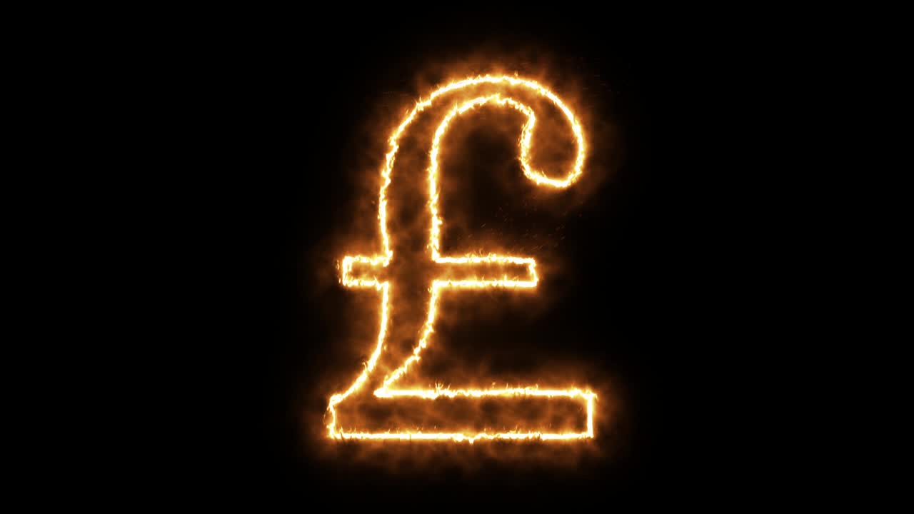 Pound sterling symbol of burning flame. British pound symbol made from fire flame. Flaming burn font or bonfire alphabet text with sizzling fiery shining heat effect. 3D rendering.