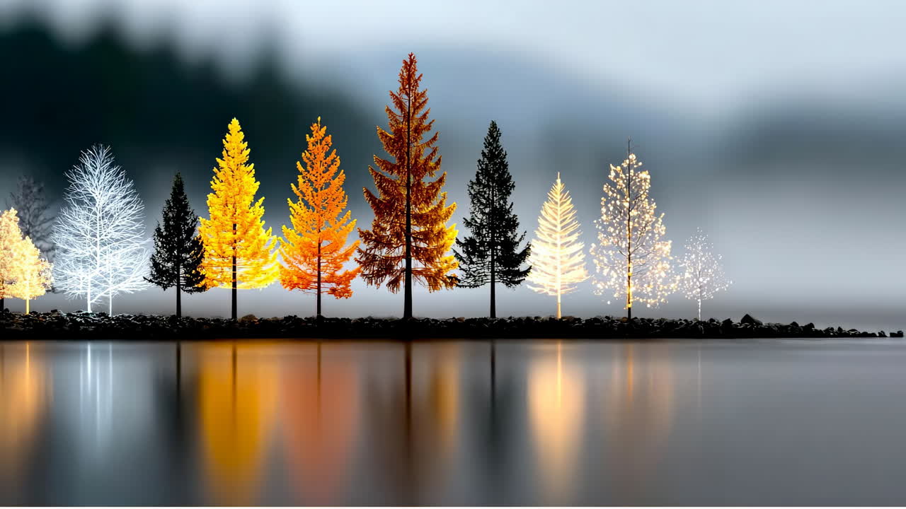 Colorful trees reflecting on calm water. Trees in various colors reflect on a still lake, creating a peaceful scene during a foggy morning