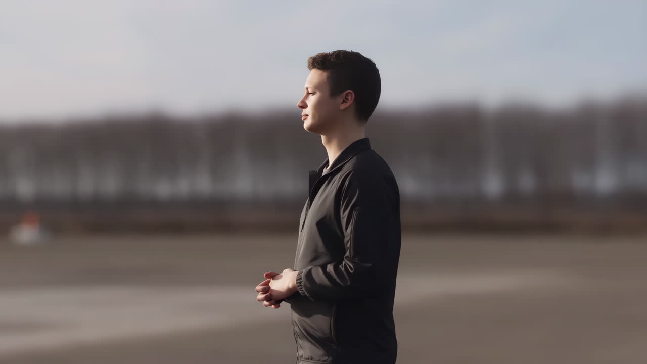 A young man standing outdoors, looking thoughtfully to the side