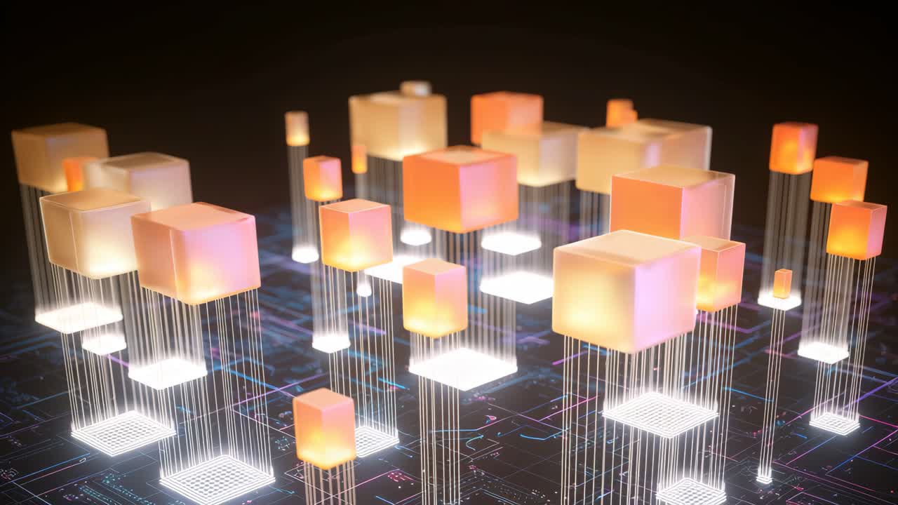 Aerial view of glowing cubes on a digital grid, creating a futuristic video concept with a focus