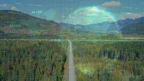 forest view showing straight road cutting through trees, tracking vehicle with holographic hud