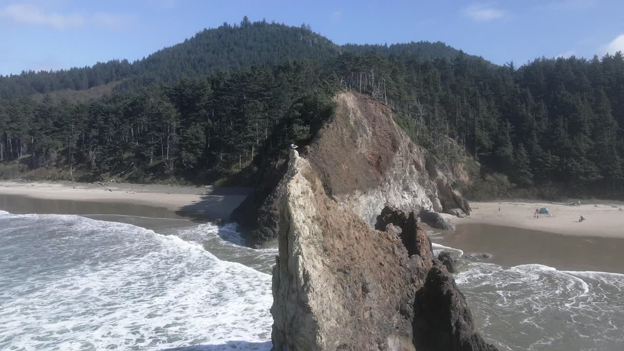 olas espumosas blancas chocan a lo largo de la escarpada costa de oregon, lion rock, playa arcadia, revelación aérea