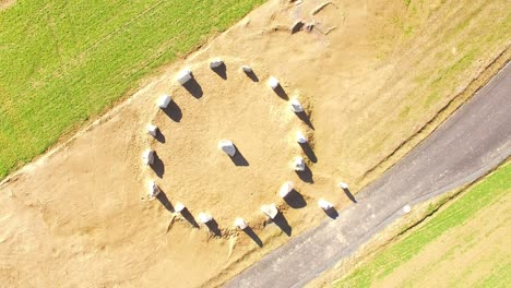 ancient stone circle from above. megalith monument on green field near pilsen. czech republic.