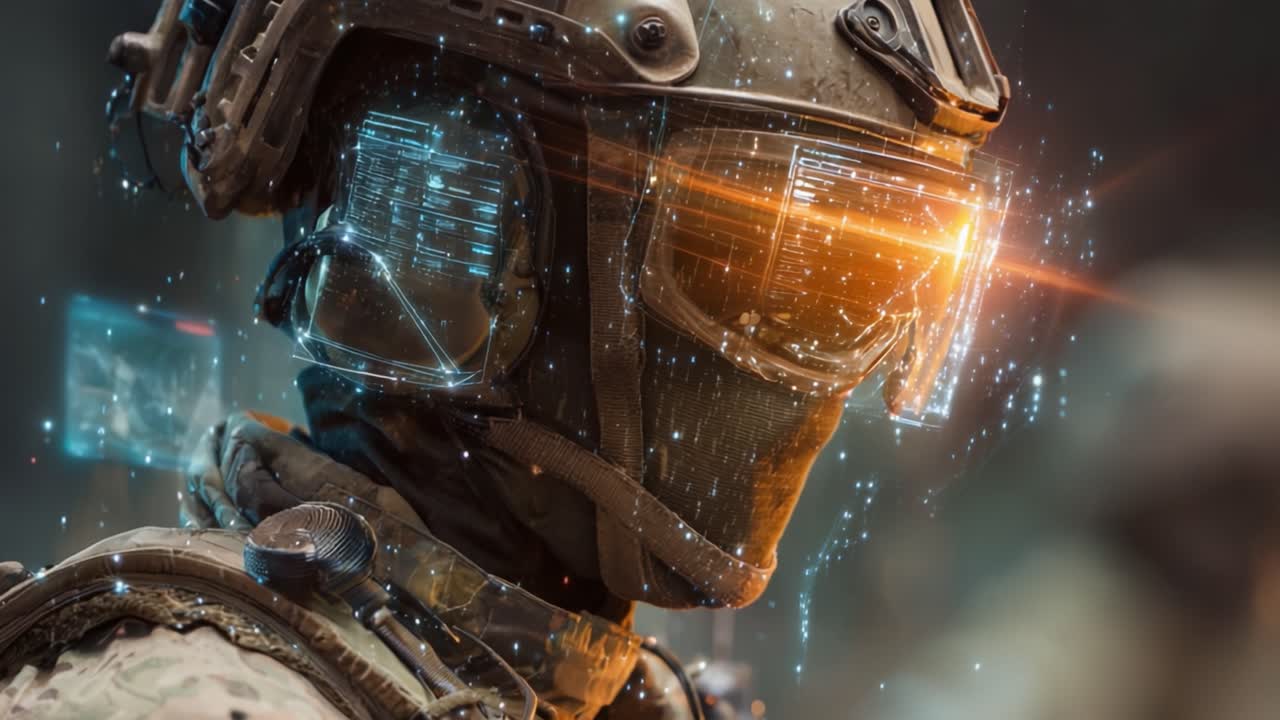 Soldato High-Tech Equipaggiato con un Elmetto Avanzato di Realtà Aumentata, che Unisce la Tecnologia di Guerra Moderna a Miglioramenti Digitali Futuristici per una Superiorità Tattica