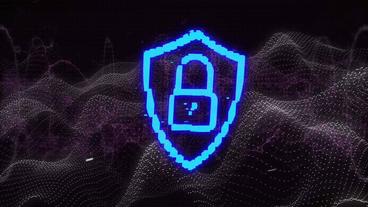 Digital wave background with glowing blue shield and lock icon animation