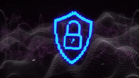 digital wave background with glowing blue shield and lock icon animation