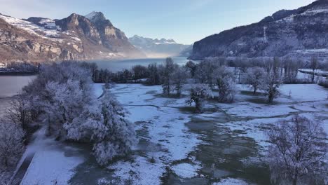 breathtaking aerial view of walensee, switzerland, in winter, snow-covered trees, frozen lake and stunning alpine mountains.