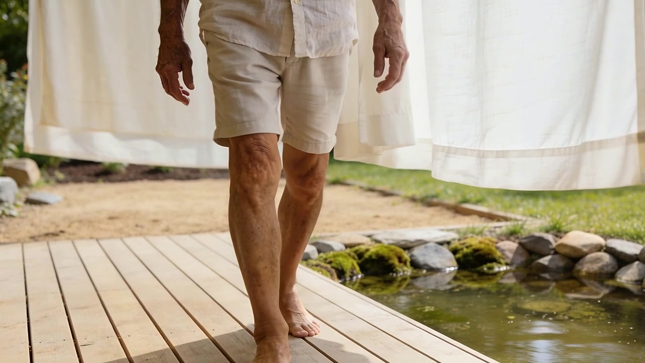 Anziano che cammina a piedi nudi, con le gambe che entrano nell'inquadratura, indossando pantaloncini beige, verso l'obiettivo sul ponte, raggiungendo il bordo.