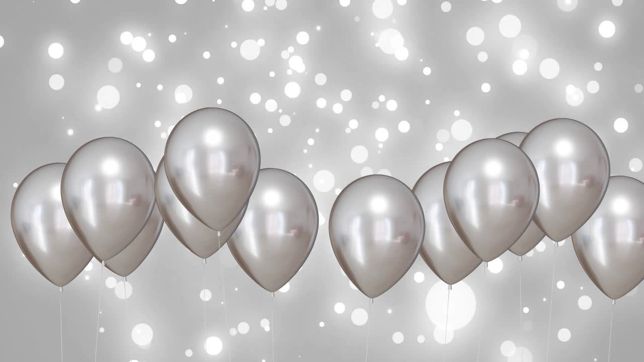 Animation von silbernen Ballons über silbernem und weißem Hintergrund.