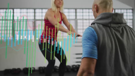 fitness data analysis animation over people exercising in gym