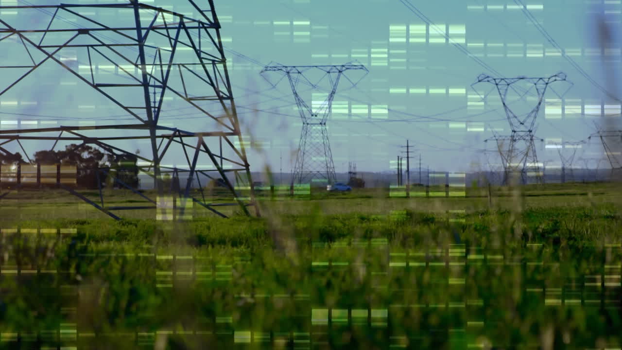 Animation of moving columns over landscape with electricity pylons