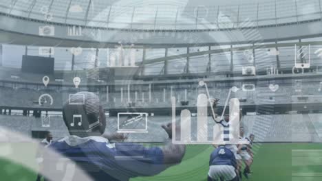 animation of social icons over two multi-ethnic rugby teams playing rugby
