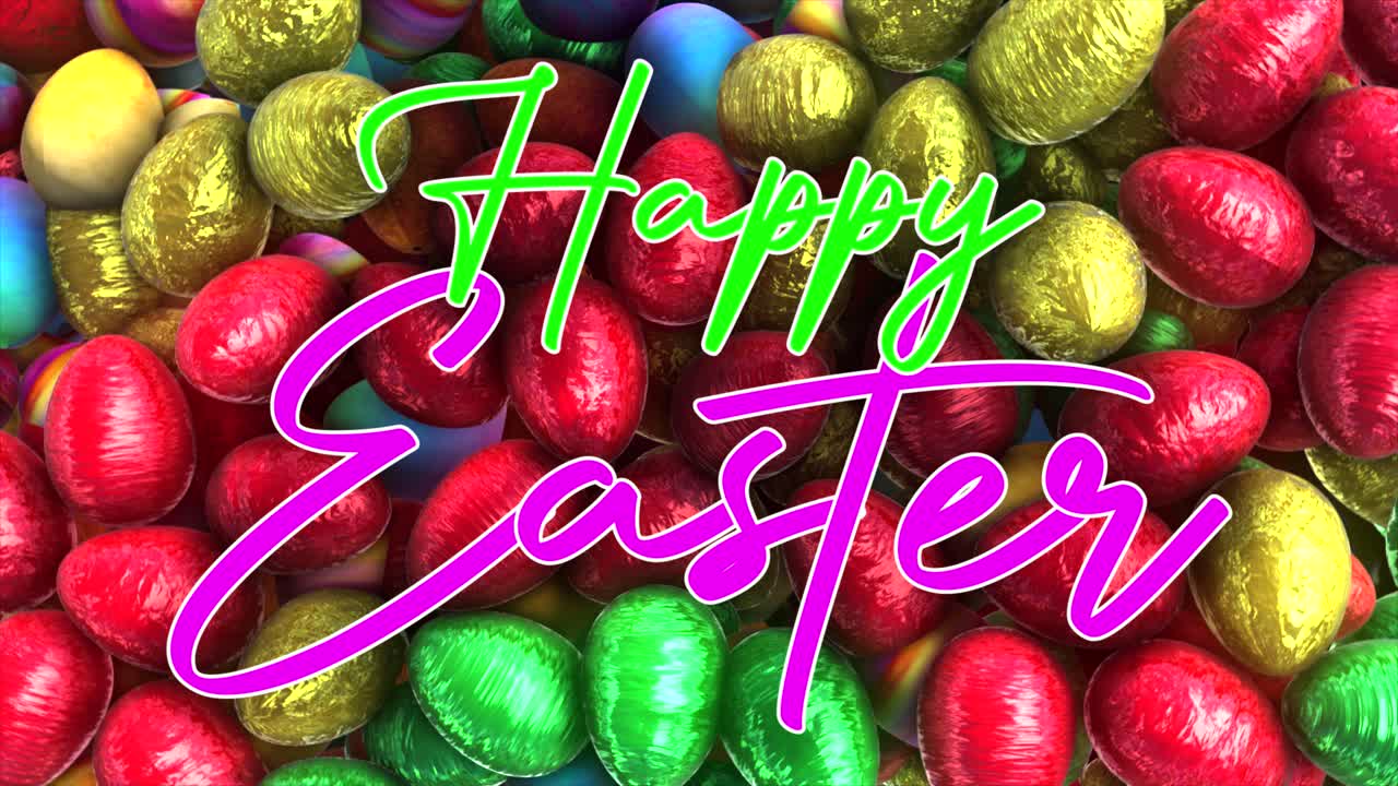 Sfondo animato 3D di alta qualità di uova di Pasqua colorate avvolte in carta stagnola, con il messaggio "Buona Pasqua" in testo colorato