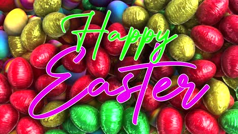 fondo animado en 3d de alta calidad de huevos de pascua envueltos en papel de aluminio de colores - con el mensaje "feliz pascua" en texto de colores