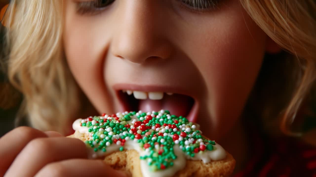 A Delightful Moment: A Child Enjoying a Festively Decorated Gingerbread Cookie with Colorful Sprinkles During the Holidays, Capturing the Joy and Sweetness of the Season