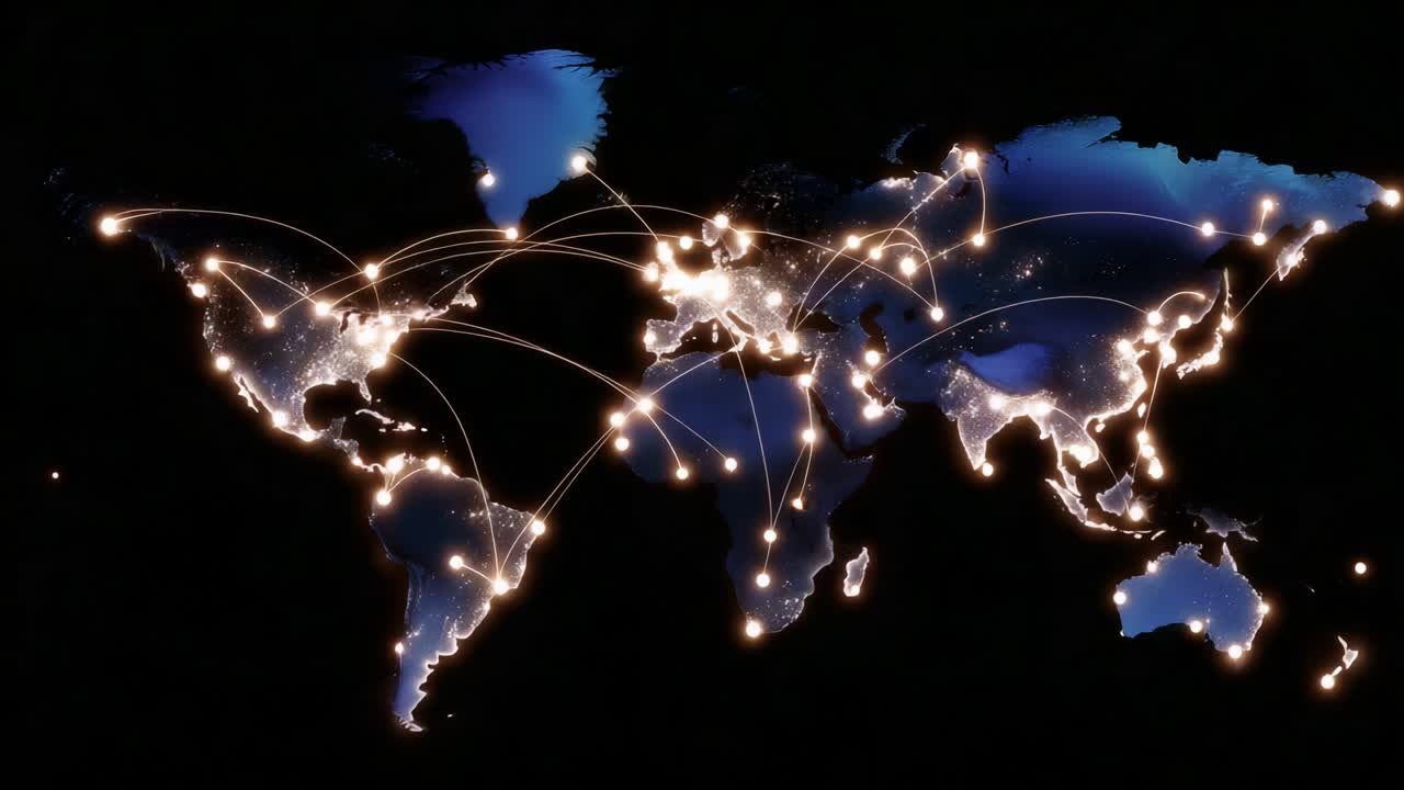A Stunning Visualization of Global Connectivity and Data Flow Represented Through a Glowing World Map Highlighting the Interconnectedness of Countries with Network Lines