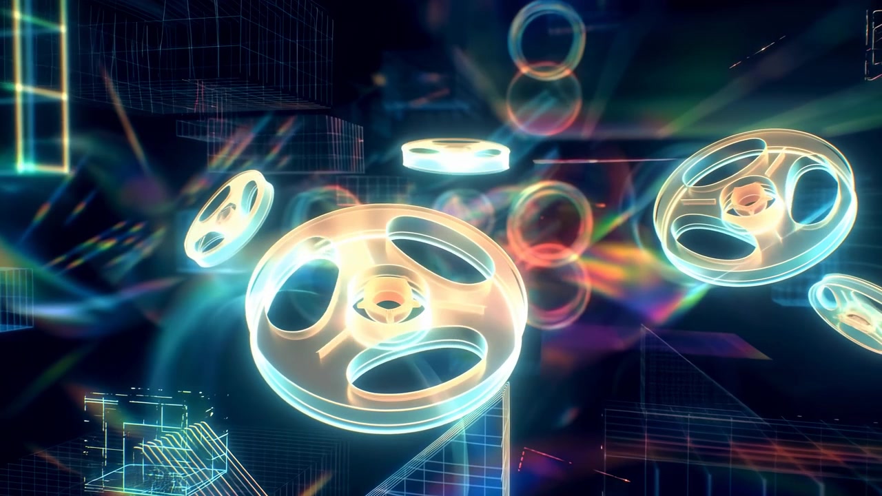 Glowing Neon Film Reels Over Grid In Holographic Studio, Cinematic Motion Visuals With VFX Artist Timeline,