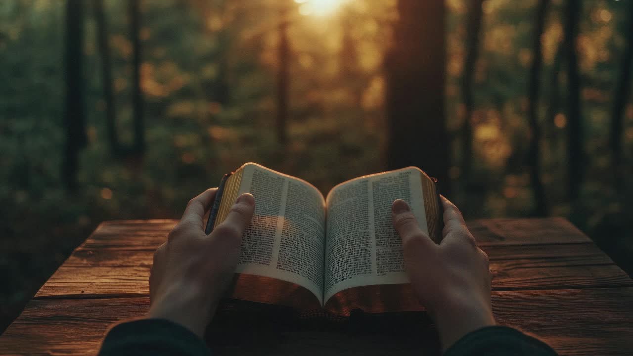 A serene video scene with a close-up angle of hands holding an open book on a wooden table, set