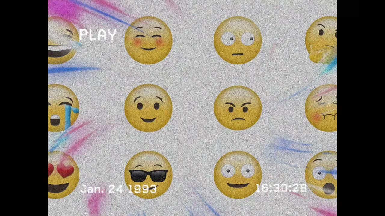 보라색과 파란색 빛 위에 이모티콘 아이콘의 애니메이션