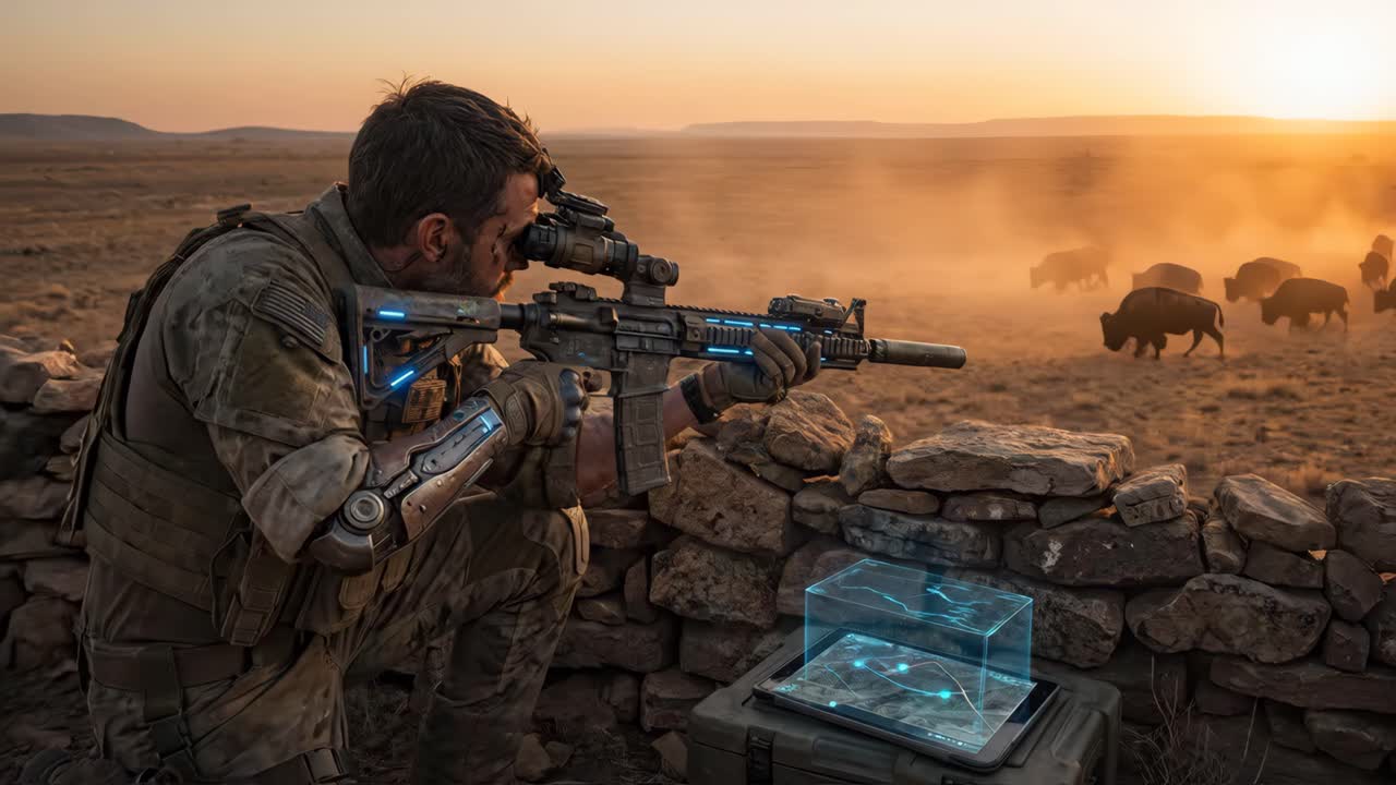 Soldato futuristico con fucile e mappa olografica nel deserto