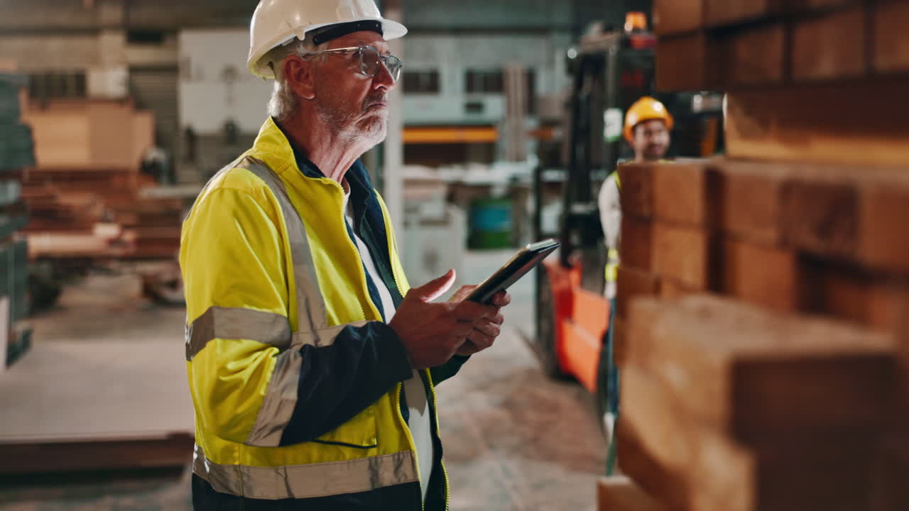 Warehouse workers inspecting wood