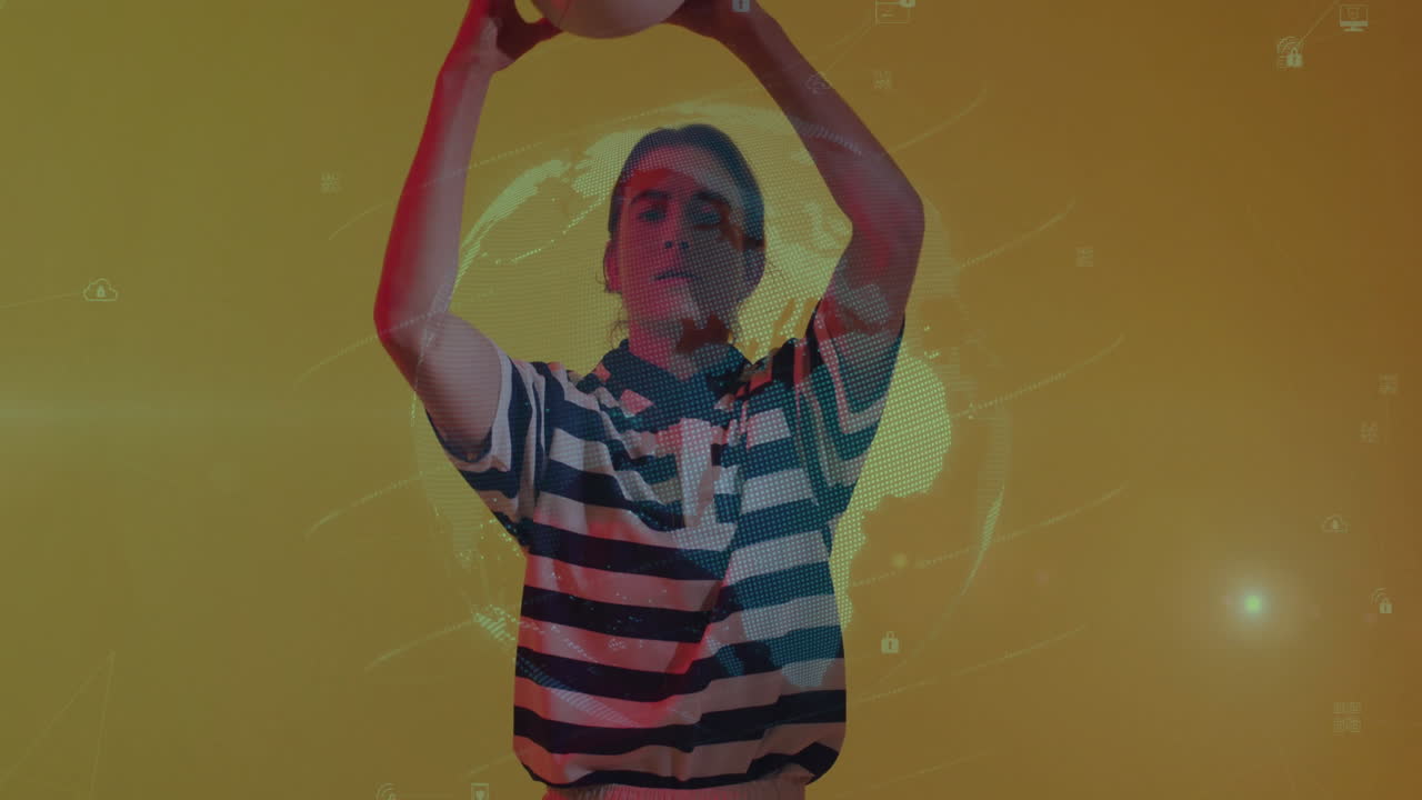 Holding ball with animation of digital globe and data icons in school