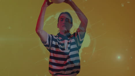 holding ball with animation of digital globe and data icons in school