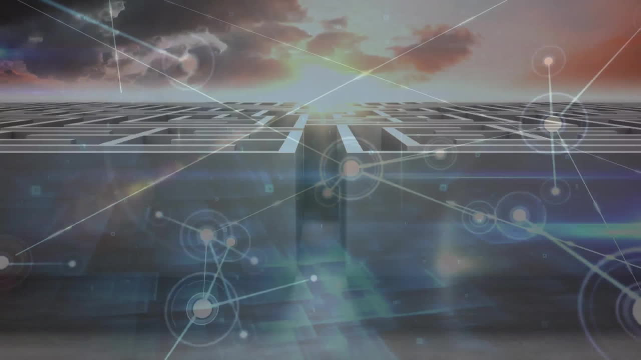Animation of network of connections over maze and clouds