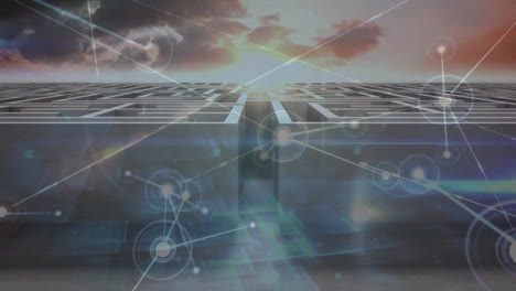 animación de la red de conexiones sobre laberinto y nubes
