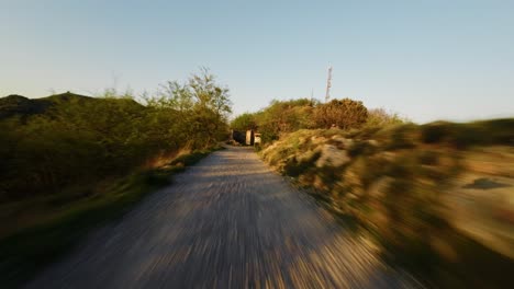 aerial fpv drone view of a winding gravel path through nature with soft lighting
