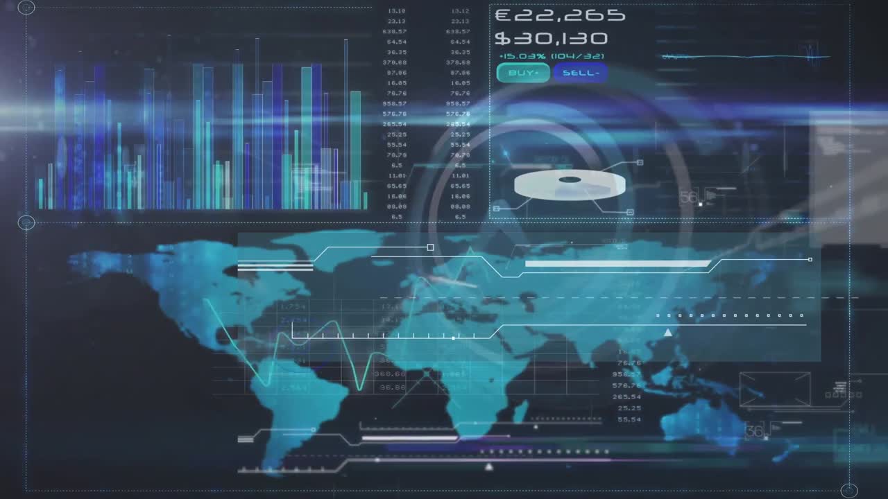 animación del mapa del mundo con red y procesamiento de datos en la interfaz sobre el reloj girando, en gris