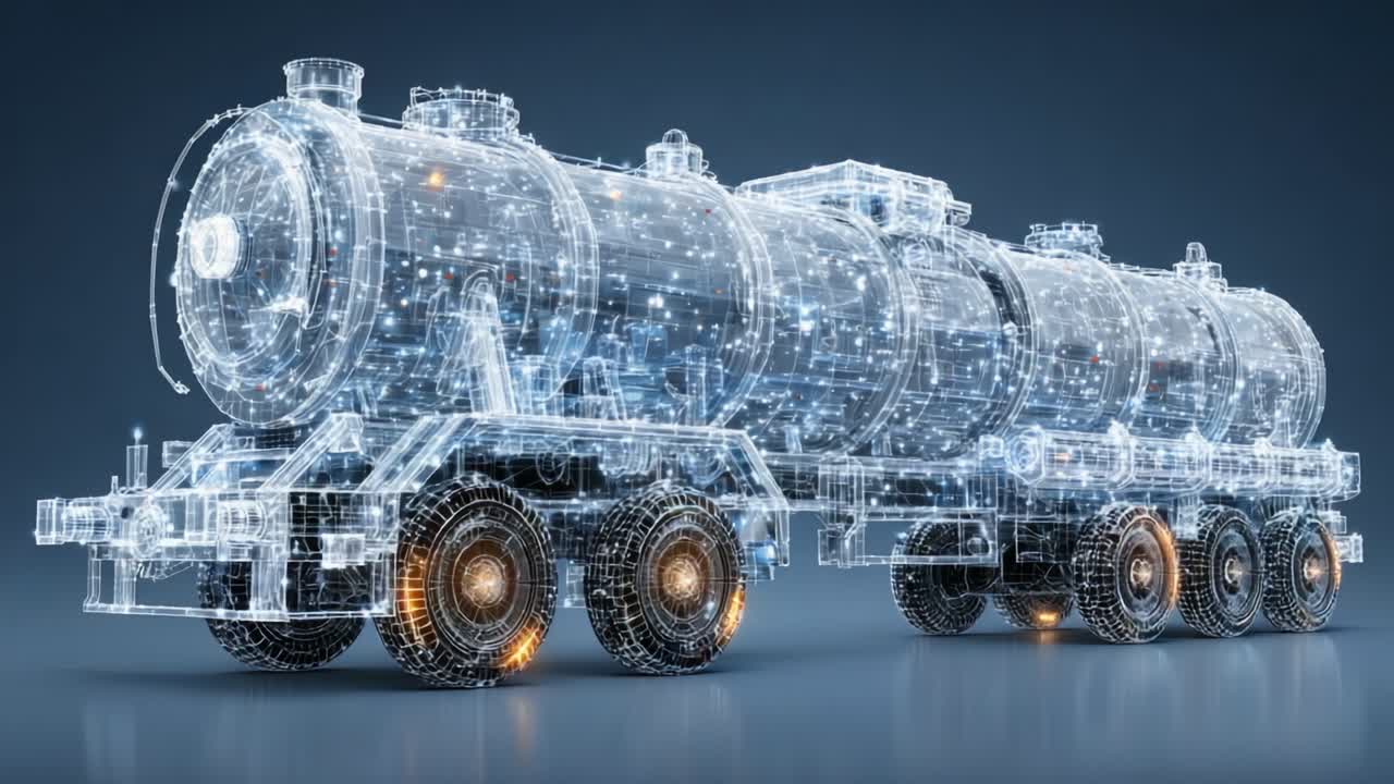 A Detailed Exploration of a Futuristic Transparent Cargo Trailer, Featuring Intricate Wireframe Design and Illuminated Elements, Showcasing Advanced Transport Technology