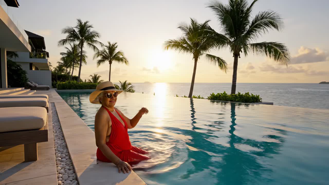 Woman Relaxing by the Pool at Sunset
