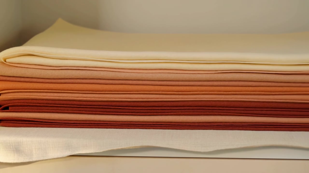 Tumpukan rapi seprai linen terlipat di rak interior, bergeser perlahan di bawah cahaya terarah yang hangat dengan nuansa krem, cokelat muda, persik, terakota, dan karat, tepi berlapis, tekstur lembut, tampilan rumah yang tenang
