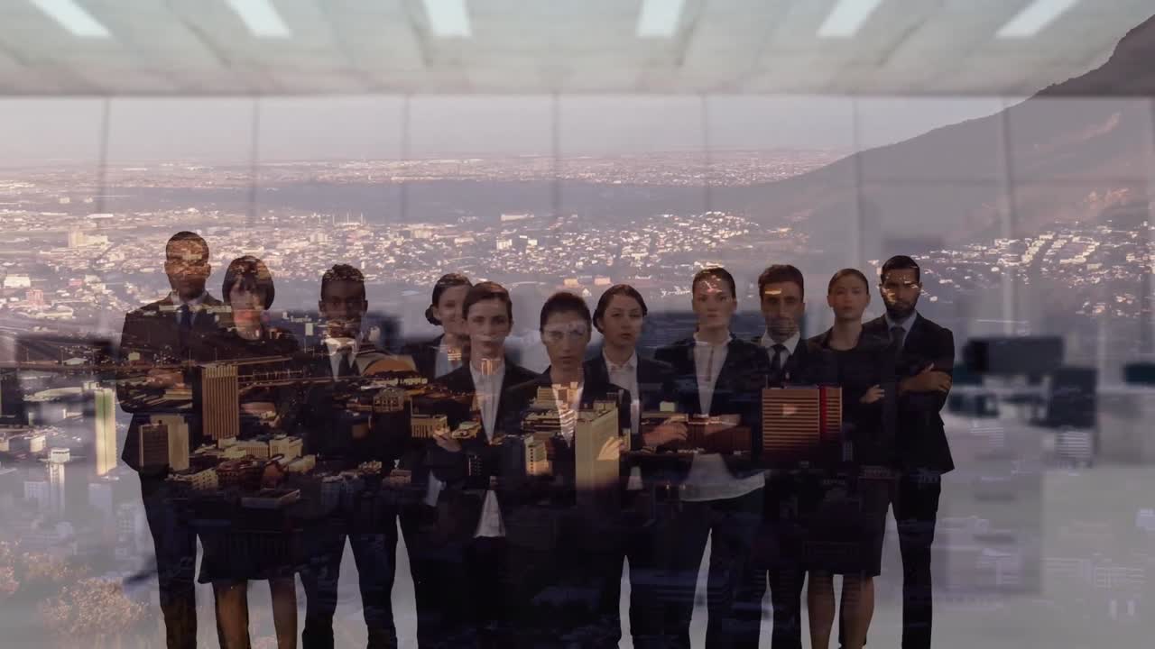 다양한 그룹의 사업가들에 대한 도시 풍경의 애니메이션