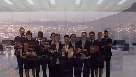 animation of cityscape over diverse group of business people