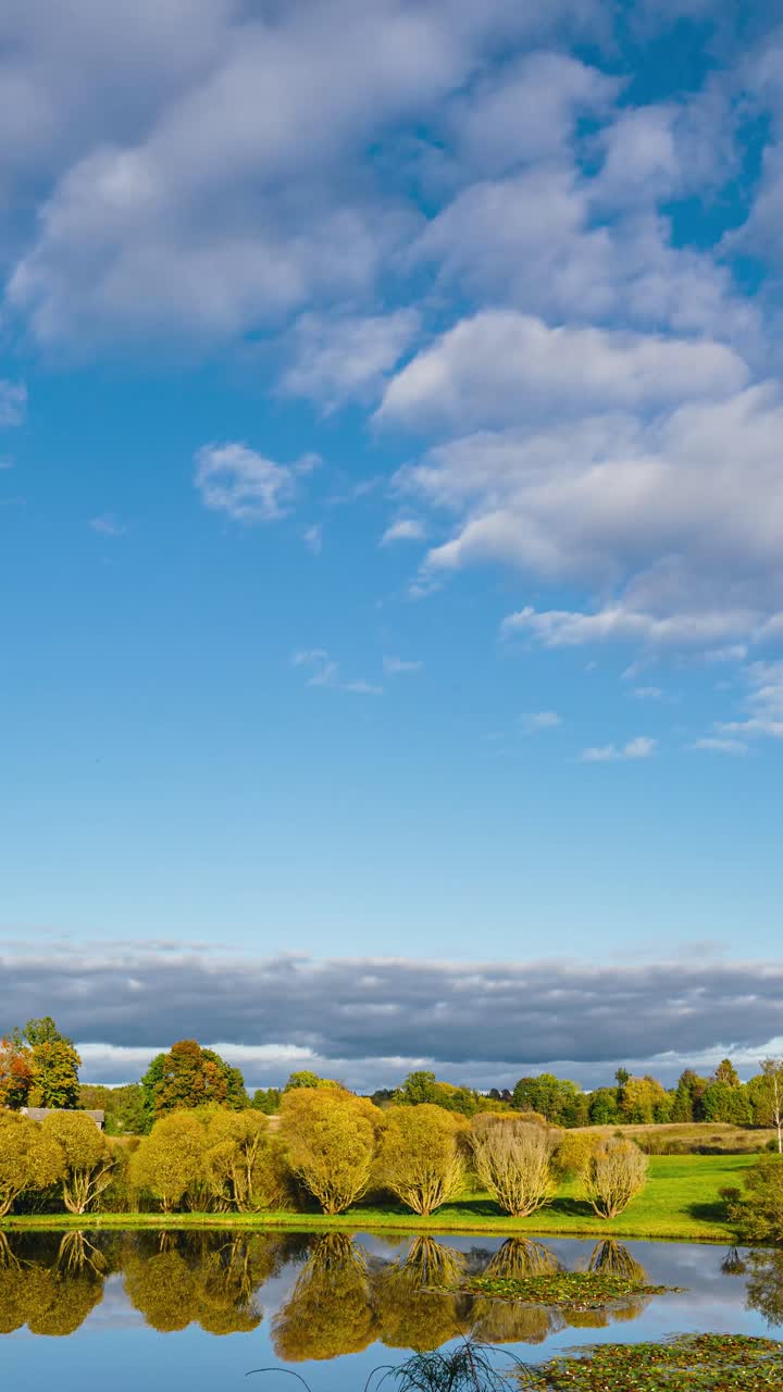 Vertical day to night timelapse in verdant countryside. From cloudy weather till clear sky sunset with fog settling on the ground in the evening.